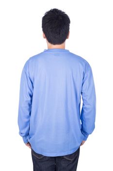 man in blue long sleeve t-shirt isolated on a white background (back side)