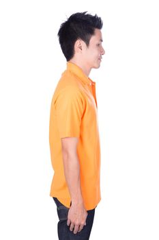 man in orange polo shirt isolated on a white background (side view)