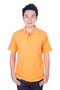 happy man in orange polo shirt isolated on white background