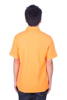 man in orange polo shirt isolated on a white background (back side)