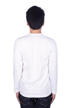 man in white long sleeve t-shirt isolated on a white background (back side)