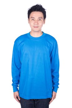 happy man in blue long sleeve t-shirt isolated on a white background