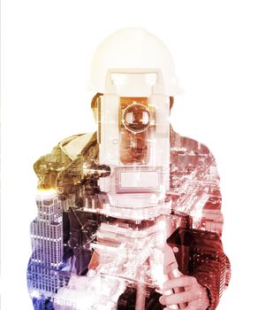 Double exposure of engineer working with survey equipment theodolite on a tripod against the city isolated on white background
