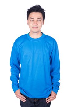 happy man in blue long sleeve t-shirt isolated on a white background