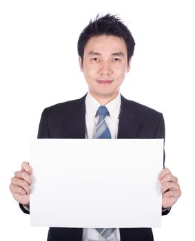 business man holding a blank paper sheet isolated on white background