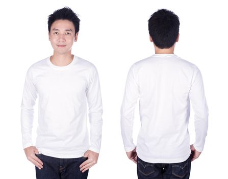 man in white long sleeve t-shirt isolated on a white background