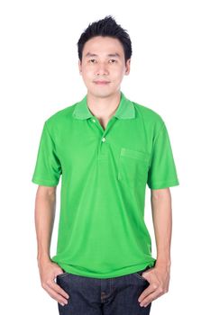 happy man in green polo shirt isolated on white background