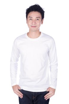 happy man in white long sleeve t-shirt isolated on a white background