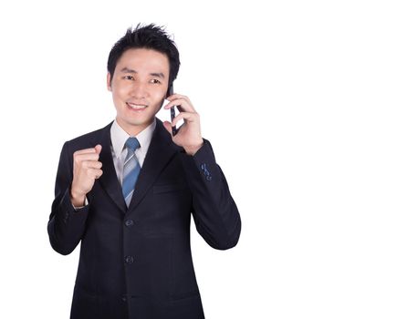 happy businessman talking on smartphone isolated on white background