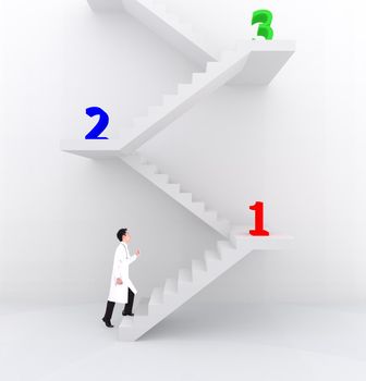 male doctor stepping up on white stairs