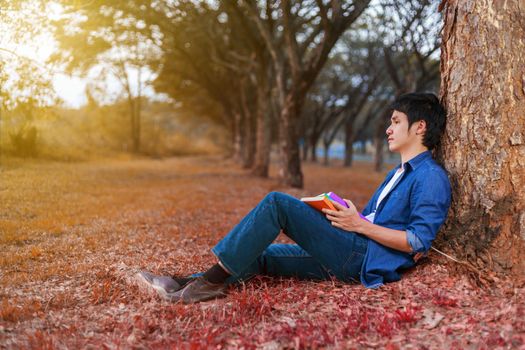 young man sitting and holding a book in the park