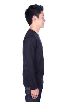 man in black long sleeve t-shirt isolated on a white background (side view)