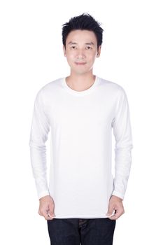 happy man in white long sleeve t-shirt isolated on a white background