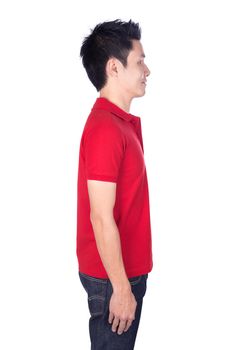 man in red polo shirt isolated on a white background (side view)