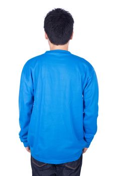 man in blue long sleeve t-shirt isolated on a white background (back side)
