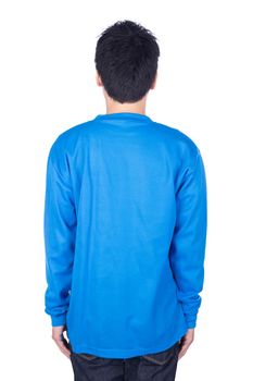 man in blue long sleeve t-shirt isolated on a white background (back side)