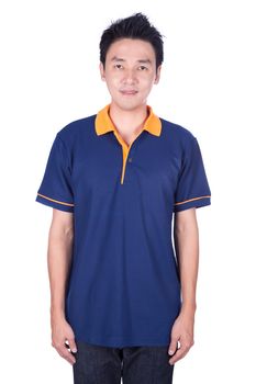 happy man in blue polo shirt isolated on white background