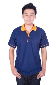 happy man in blue polo shirt isolated on white background