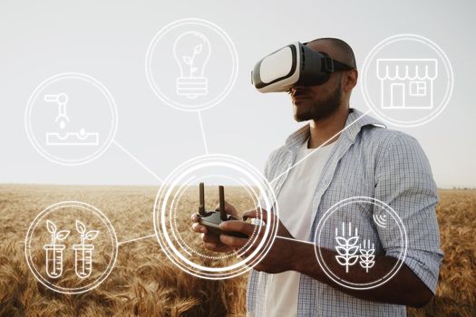 Man farmer standing in wheat field and controlling drone close up. Technologies in agriculture concept