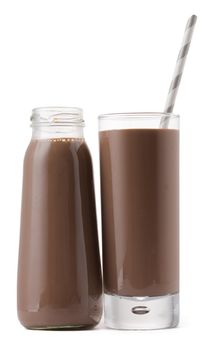 Glass cup of chocolate milk with a straw isolated on white background