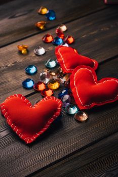 gifts decoration hearts holiday wooden background design. High quality photo