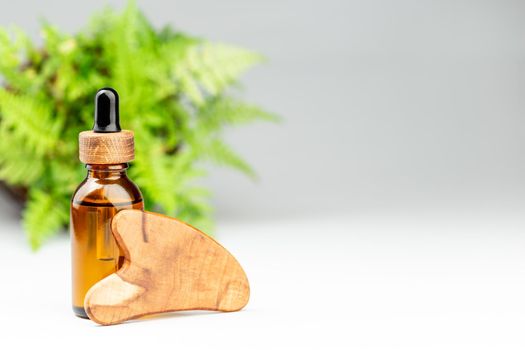 Oil bottle and gua sha wooden scraper massager tool at gray background. Beauty treatment concept. Copy text for text