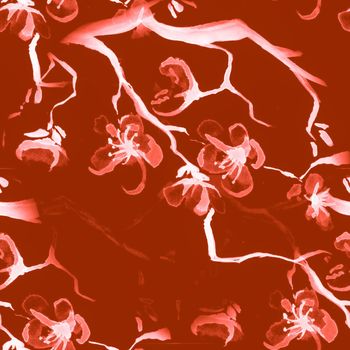 Seamless Cherry Flower Pattern. Watercolor Apple Wallpaper. Red Petals. Oriental Asian Repeat. Cherry Flower Pattern. White Romantic Branch. Art Rose Fabric. Cherry Flower Pattern.