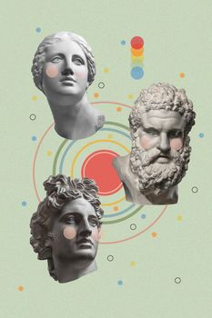 Collage with plaster antique sculptures of human faces in a pop art style. Creative concept image with ancient statue head in pastel colors. Contemporary art style poster. Zine culture.