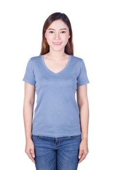 happy woman in blue t-shirt isolated on a white background