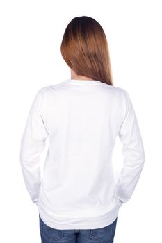 woman in white long sleeve t-shirt isolated on a white background (back side)