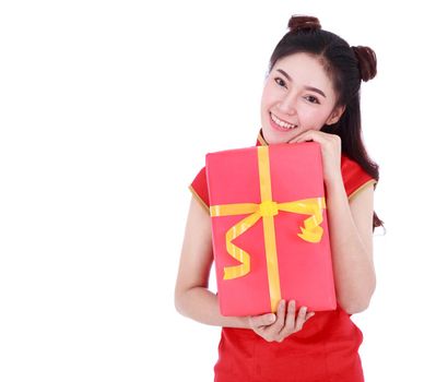 young woman holding red gift box in concept of happy chinese new year isolated on a white background