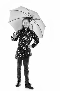 Beautiful little girl with umbrella. Concept of weather, climate change. Isolated on white background