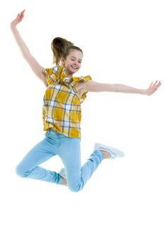 A teenage girl jumps and wags her arms. The concept of a holiday. Isolated on white background