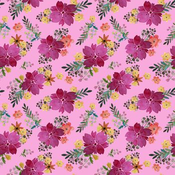 Romantic floral seamless pattern with flowers and leaf. Print for textile wallpaper endless. Hand-drawn watercolor elements. Beauty bouquets. Pink, yellow. green. orange on purple background. Summer