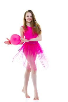 Beautiful little girl gymnast performs exercises with the ball. The concept of children's sports, fitness. Isolated on white background.