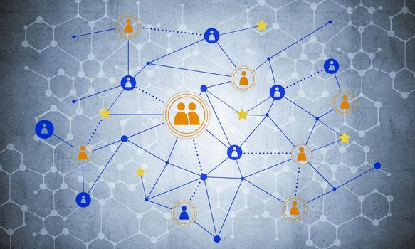 Background image with social connection and networking concept on concrete wall