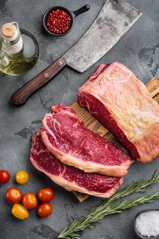 Fresh beef boneless club raw steak, on gray background, top view