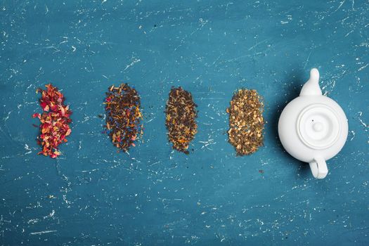Different types of tea for ceremony, top view, free space