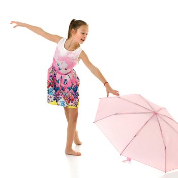 Beautiful little girl with umbrella. Concept of weather, climate change. Isolated on white background