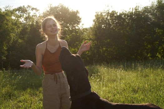 cheerful woman playing with a dog in a field in nature in summer. High quality photo