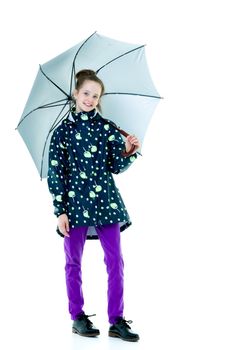 Beautiful little girl with umbrella. Concept of weather, climate change. Isolated on white background