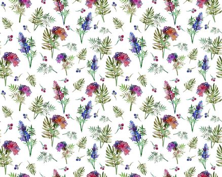 Vintage floral seamless pattern with forest flowers and leaf. Print for textile wallpaper endless. Hand-drawn watercolor elements. Beauty bouquets. Pink, red. green on white background. Female