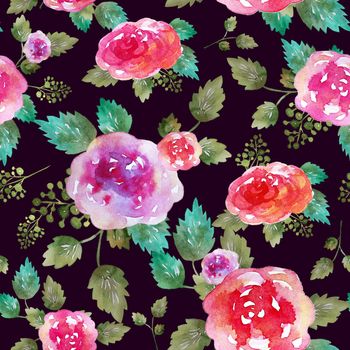 Vintage floral seamless pattern with rose flowers and leaf. Print for textile wallpaper endless. Hand-drawn watercolor elements. Beauty bouquets. Pink, red. green on dark background. Female