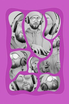 Funky bearded hipster DJ in headphone and sunglasses. Listening streaming music in smartphone player app. Pop art style collage. Contemporary art poster. Rave music nightclub party. Minimal concept.