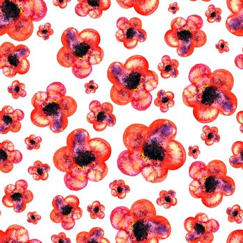 Seamless watercolor pattern of red flowers on white background endless