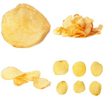 Set of potato chips close-up on an isolated white background