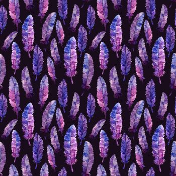 Watercolor feathers seamless pattern. Colorful feathers with watercolor texture pattern. Violet background