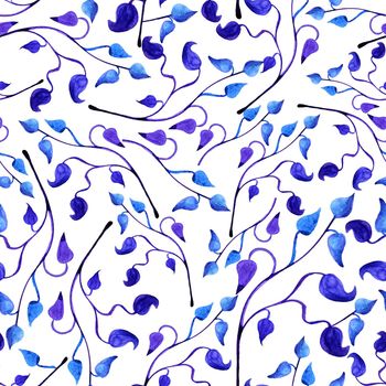 hand painted watercolor blue leaves seamless floral endless background. leaf pattern