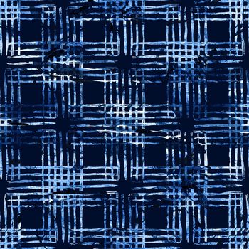 Brush Stroke Plaid Geometric Grung Pattern Seamless in Blue Color Check Background. Gunge Collage Watercolor Texture for Teen and School Kids Fabric Prints Grange Design with lines.