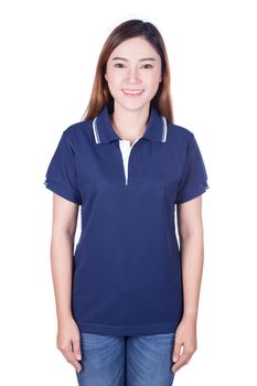 happy woman in blue polo shirt isolated on white background